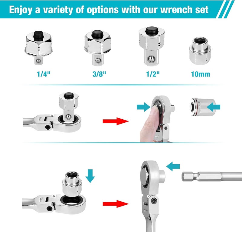 DURATECH 27PCS Extra Long Flex Head Ratcheting Wrench Set, 8-22mm, Double Box End Ratchet Wrench Set with E-type 8-22mm Replacement Heads, 10x19mm, 1/4", 3/8", 1/2" Socket Adapters - Image 4